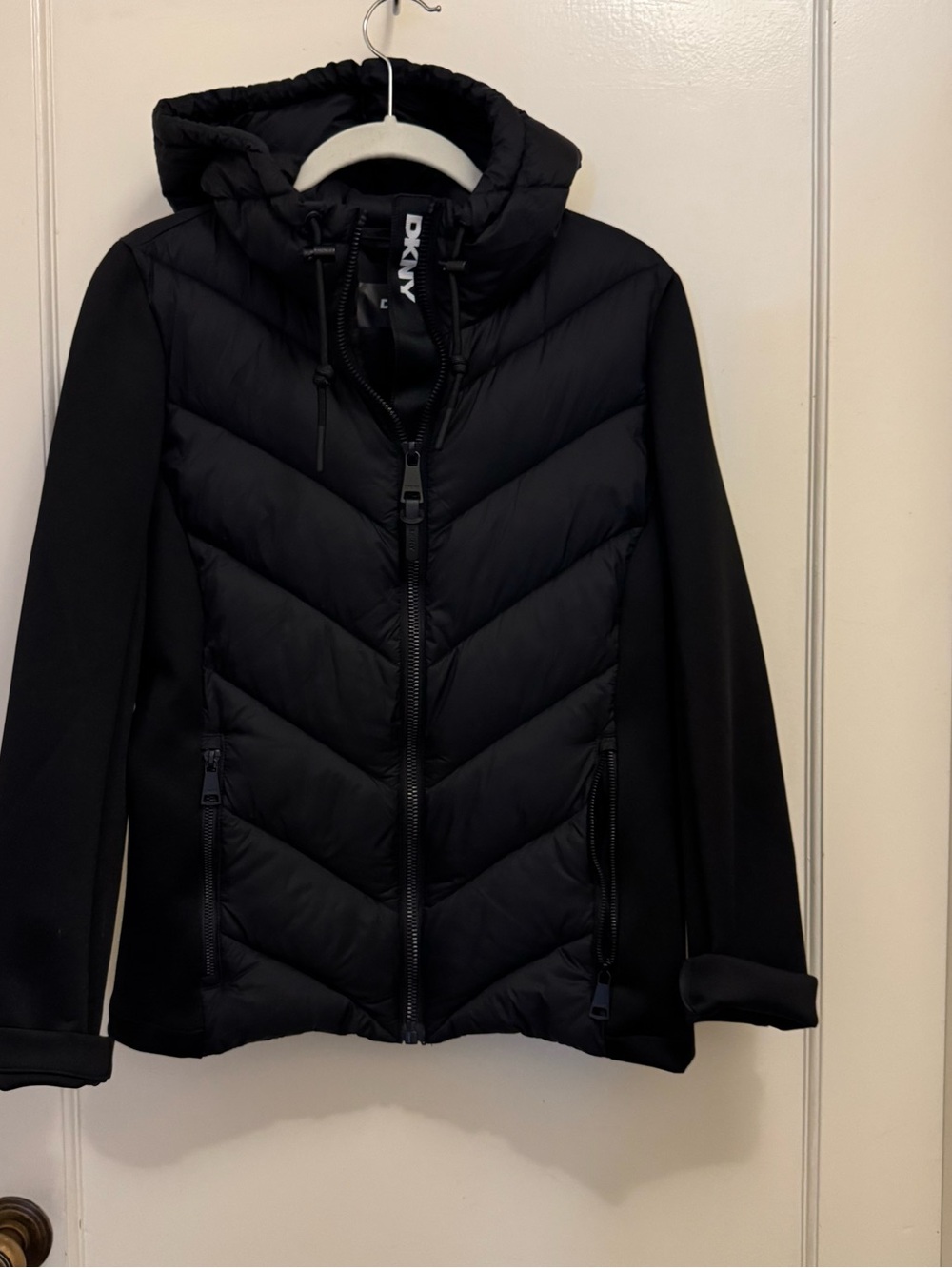 DKNY Black Quilted Hooded Puffer Jacket